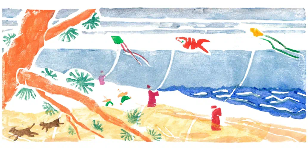 Aquarell: Strand mit Palmen, Drachen am Himmel und Badenden im Meer